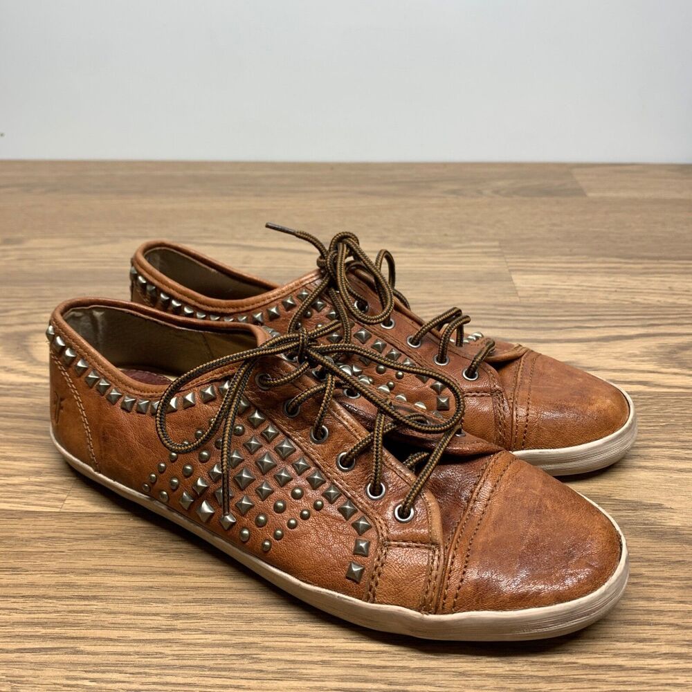 Frye Kira Biker Studded Distressed Low Top Sneakers Brown Leather 9.5 M